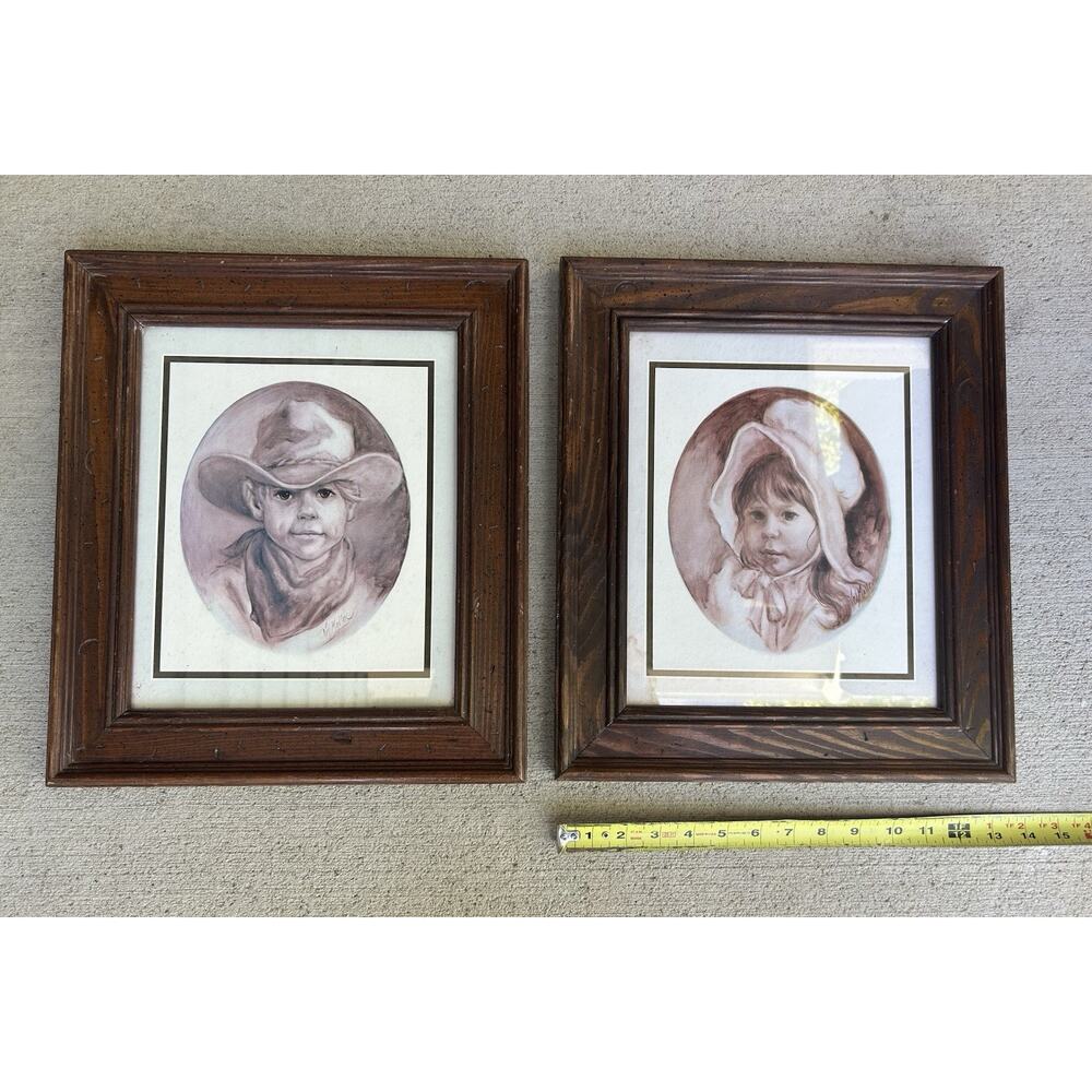 Vintage Vel Miller Framed Cowboy Cowgirl Art Prints Portrait Western Set of 2